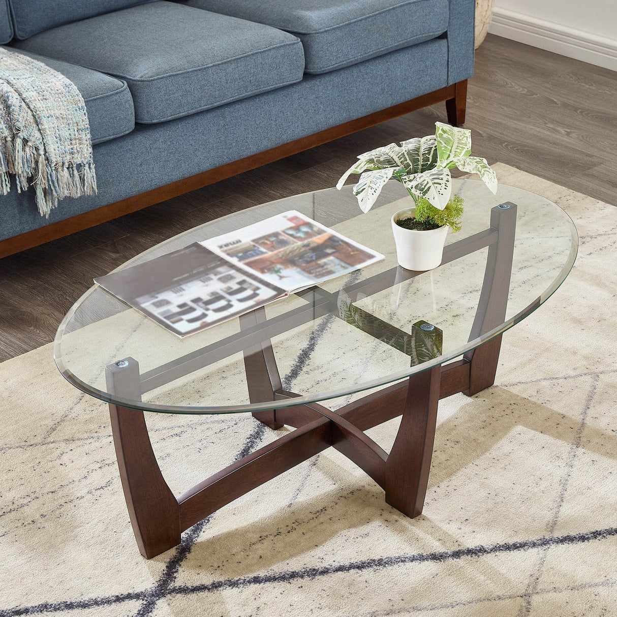 48-Inch Oval Cherry Wood Tempered Glass Coffee Table - Sleep Galleria