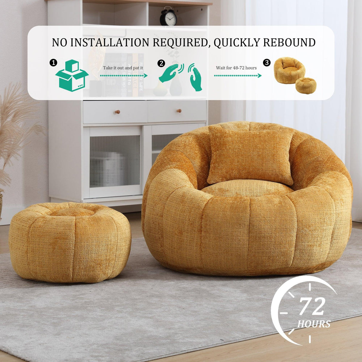 Chenille Memory Foam Pumpkin Shape Lounge Chair With Ottoman - Omega Lifestyles