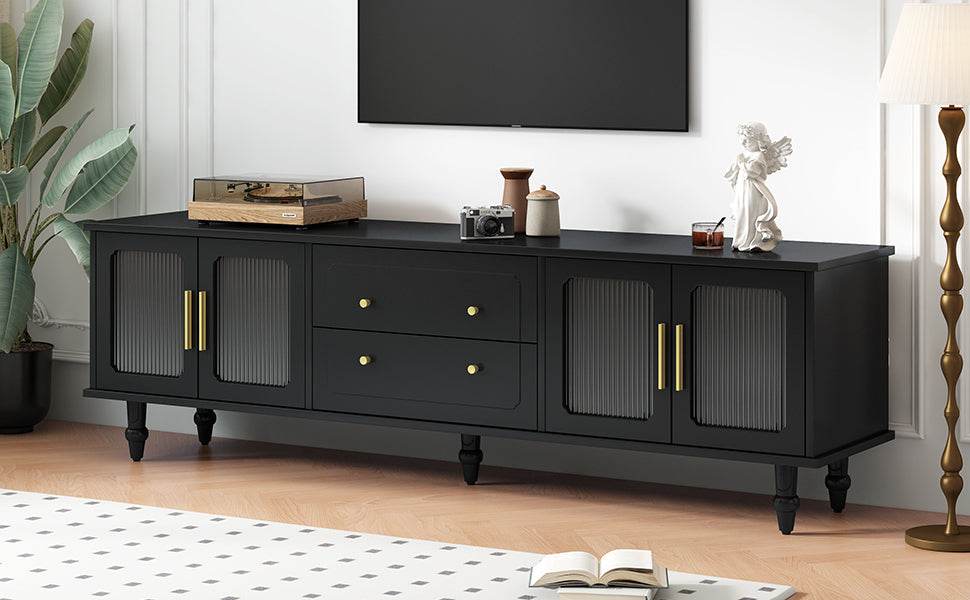 Retro Vintage Black TV Stand With Fluted Glass Doors - Sleep Galleria