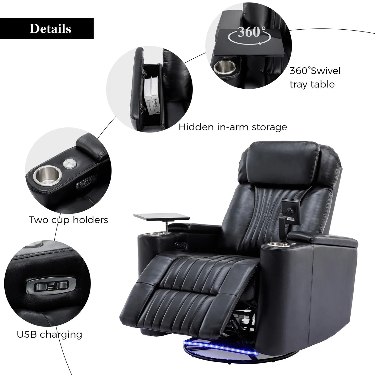 Power Swivel PU Leather Recliner Chair With Tray Table - Omega Lifestyles