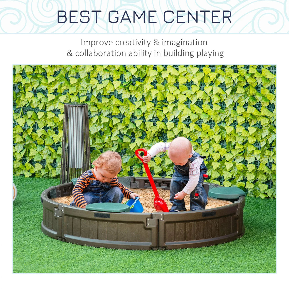 Kids Outdoor HDPE Round Sandbox With Cover and Seats - Omega Lifestyles