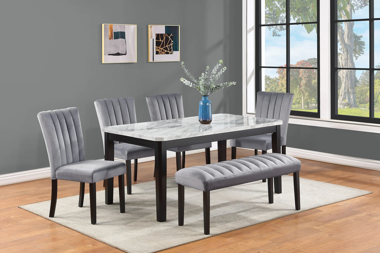6-Piece Contemporary Faux Marble Dining Table Set With Upholstered Chairs And Bench - Omega Lifestyles