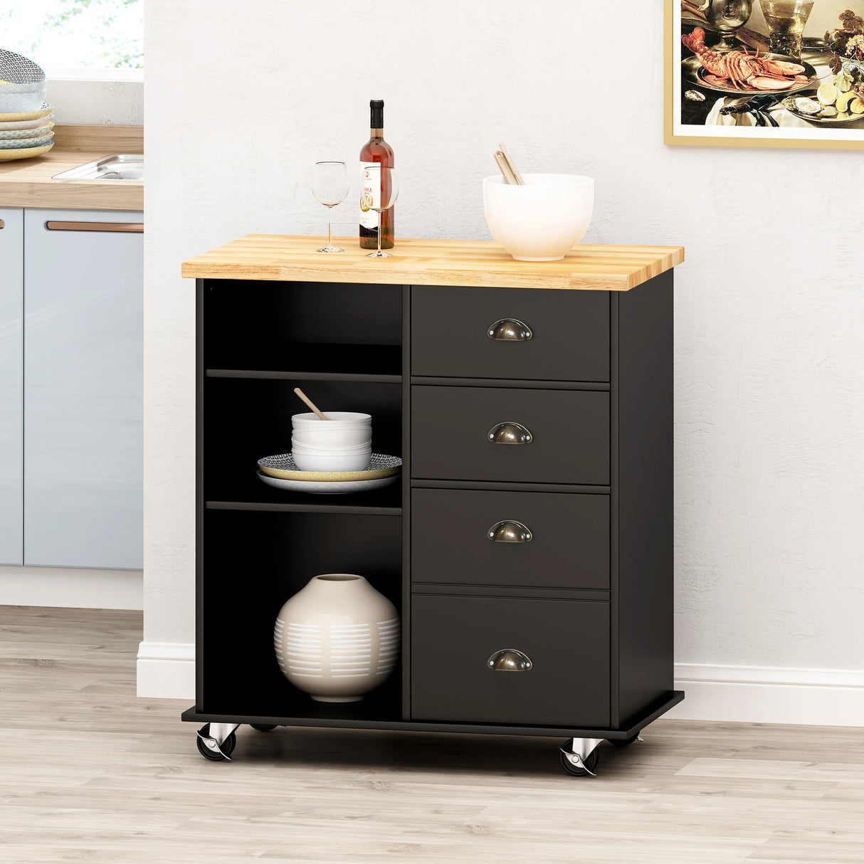 Contemporary Wood Kitchen Cart With Rolling Casters - Omega Lifestyles