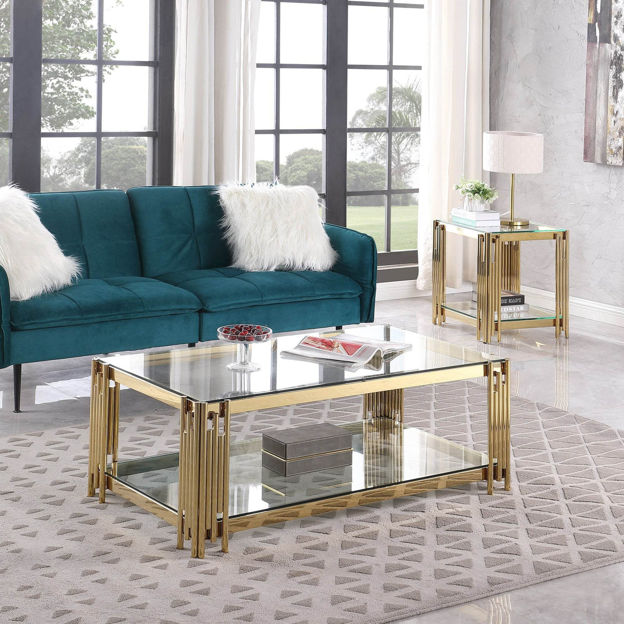Rectangular Tempered Glass Coffee Table With Golden Stainless Steel Legs - Sleep Galleria