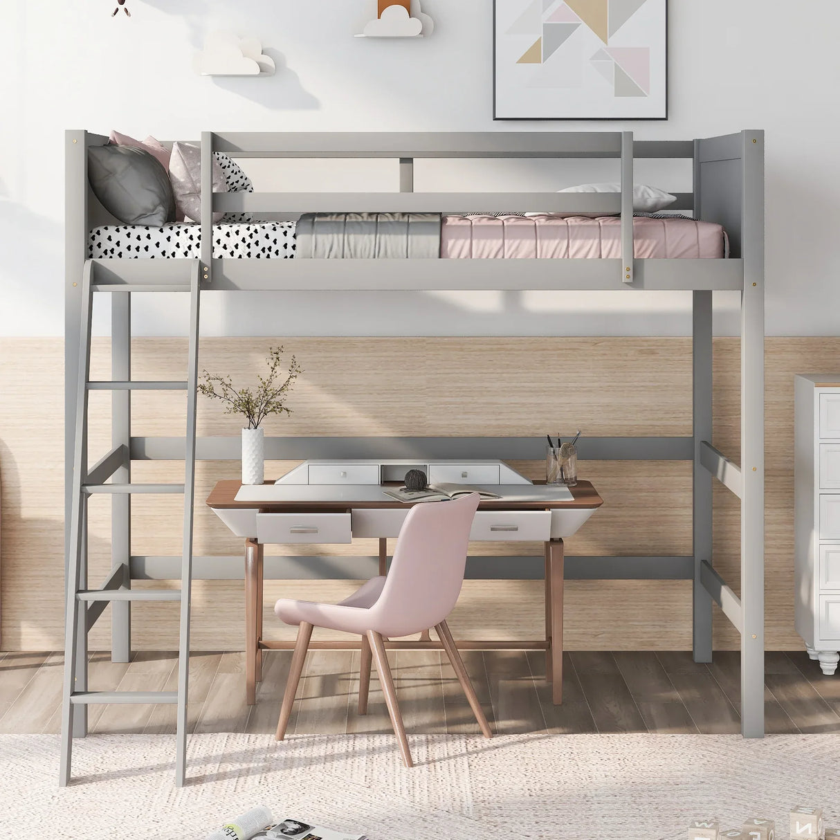 Solid Wood Twin Loft Bed With Ladder Gray - Omega Lifestyles