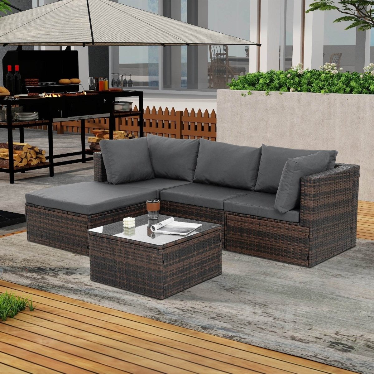 5-Piece Brown PE Rattan Outdoor Patio Furniture Set - Sleep Galleria