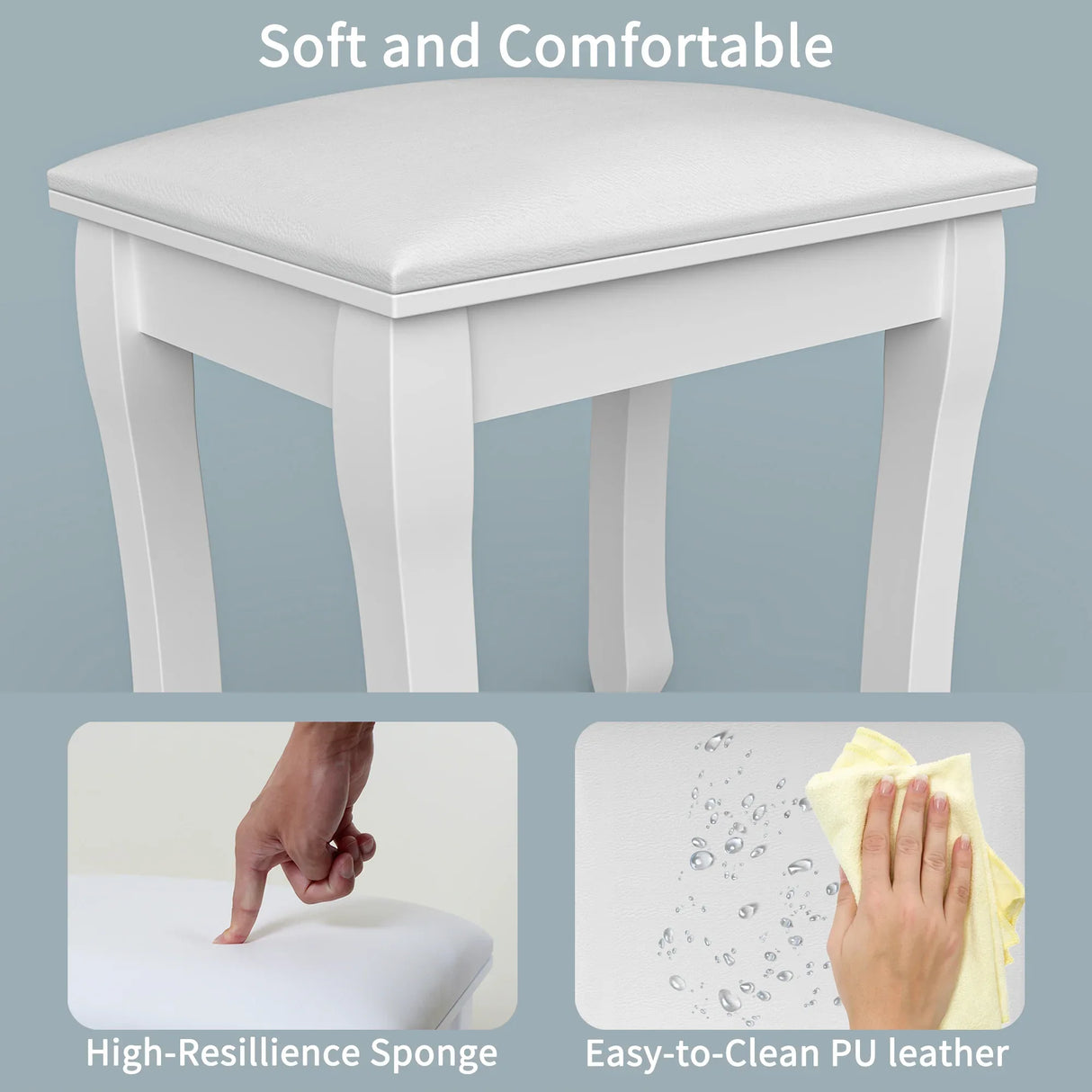 White Solid Wood Vanity Stool With Cushioned Seat - Omega Lifestyles