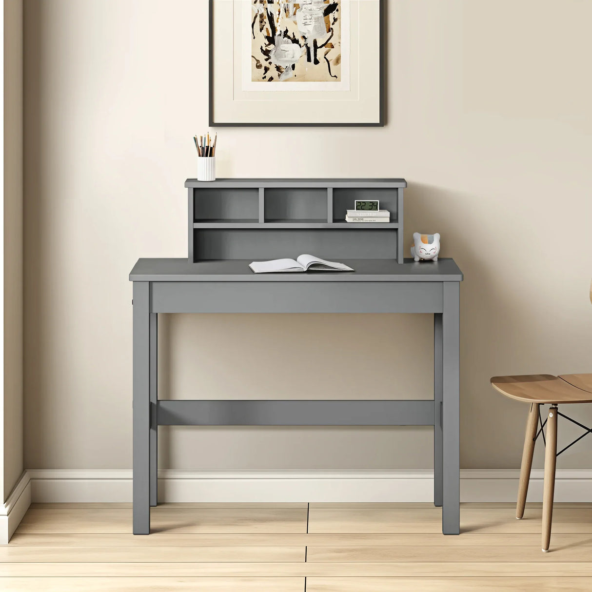 Gray Wood Rectangular Writing Desk With Hutch Storage - Omega Lifestyles