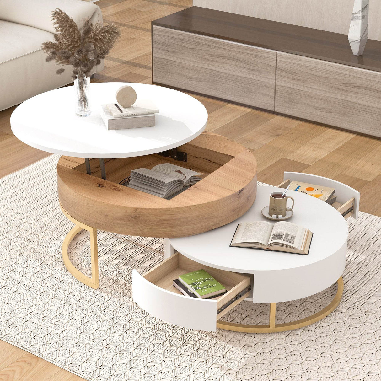 Modern Round Lift-Top Nesting Coffee Tables With Drawers - Sleep Galleria