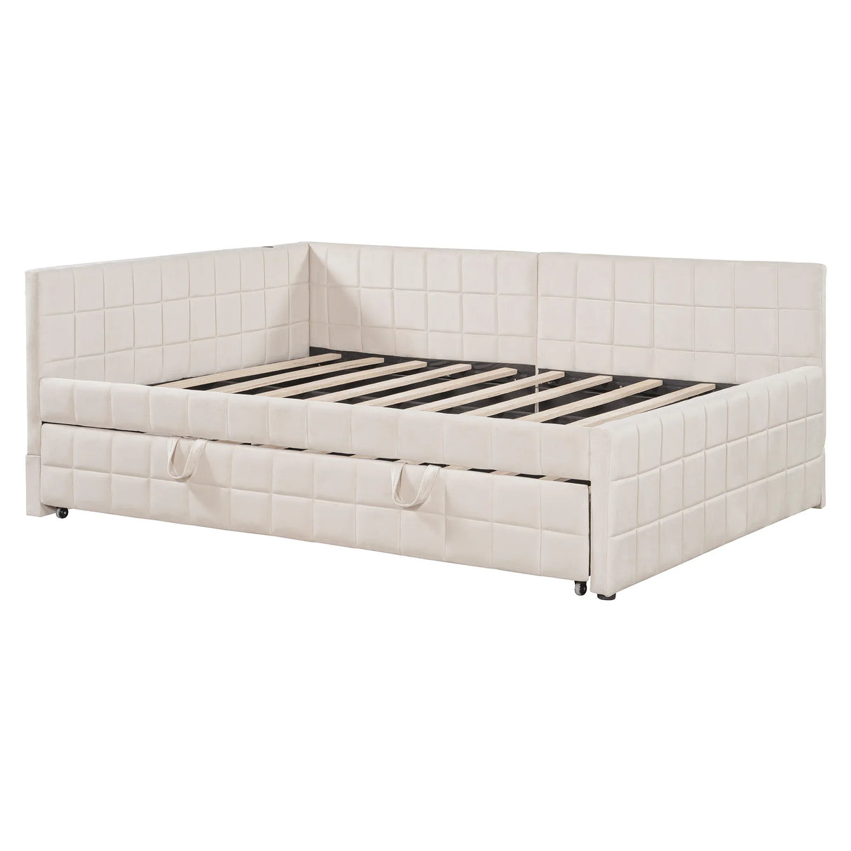 Full Upholstered L-Shaped Daybed With Twin Trundle and USB Ports - Omega Lifestyles