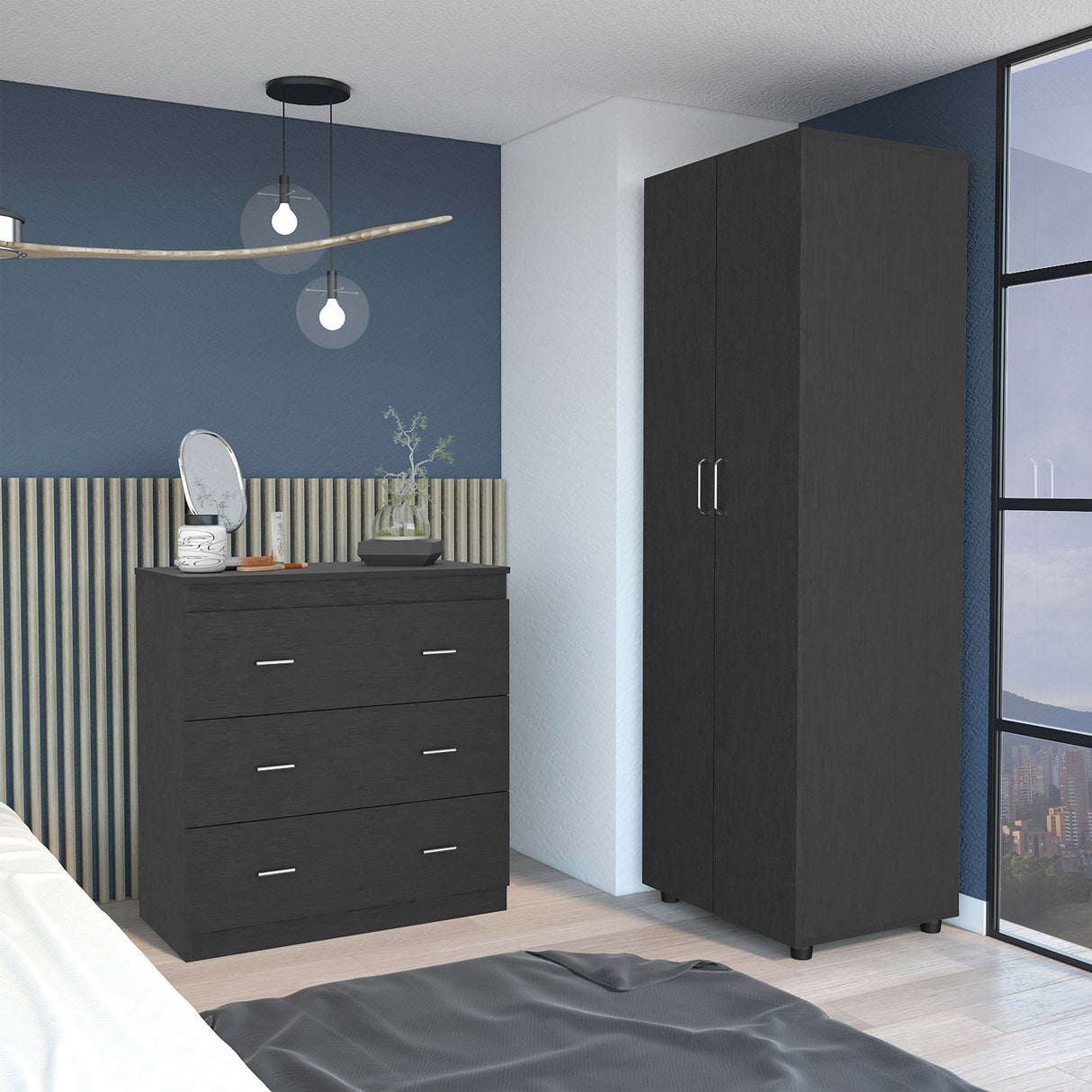 2-Piece Modern Black Particle Board Bedroom Set