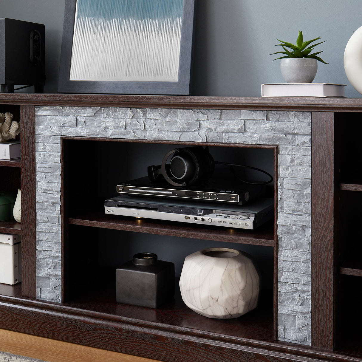 Cherry Faux Stacked Stone TV Stand With Storage Cabinet - Sleep Galleria
