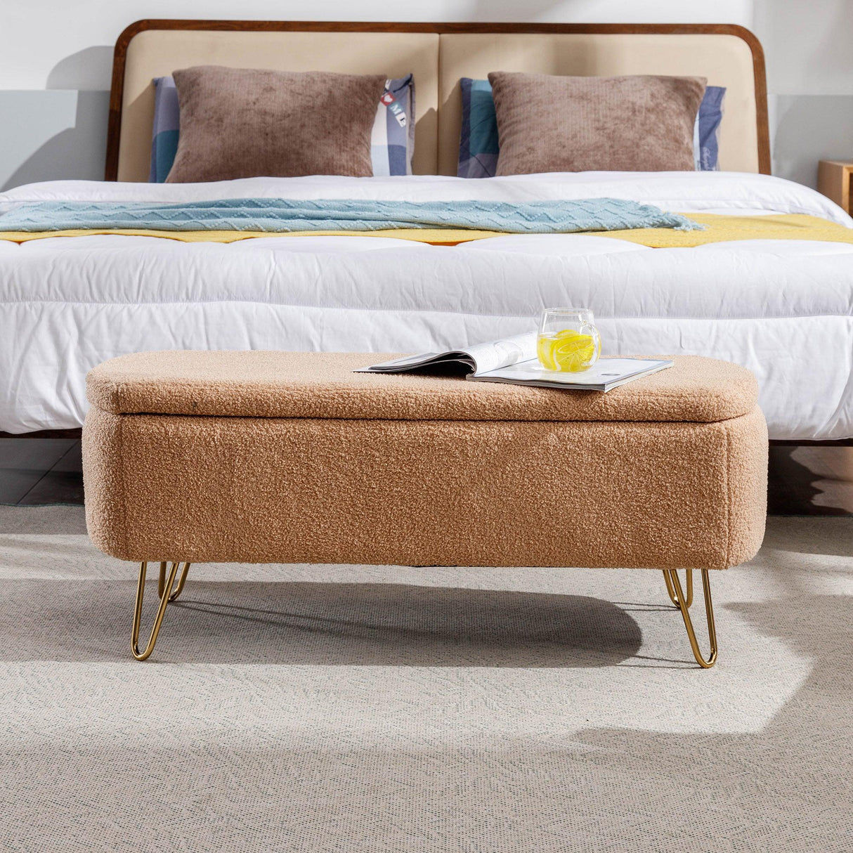 Camel Faux Fur Storage Ottoman Bench With Gold Legs - Omega Lifestyles
