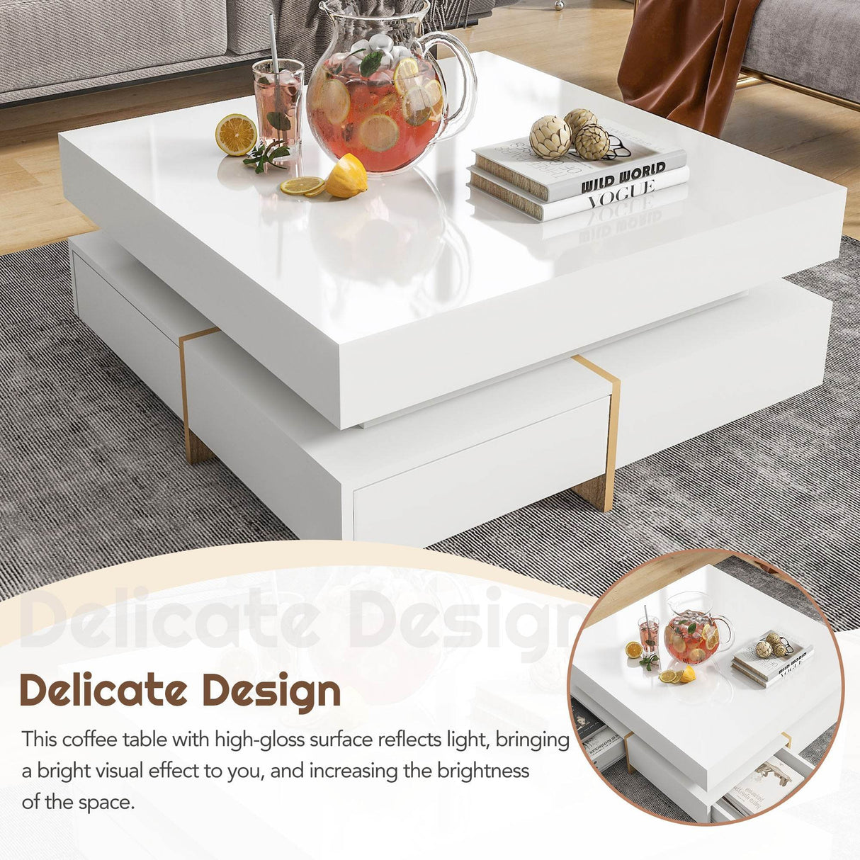 Modern High Gloss White Coffee Table With Drawers - Sleep Galleria