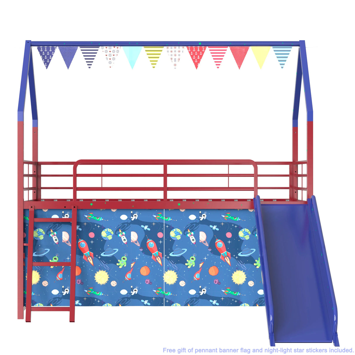 Twin Metal Junior House Loft Bed With Slide And Curtain - Omega Lifestyles