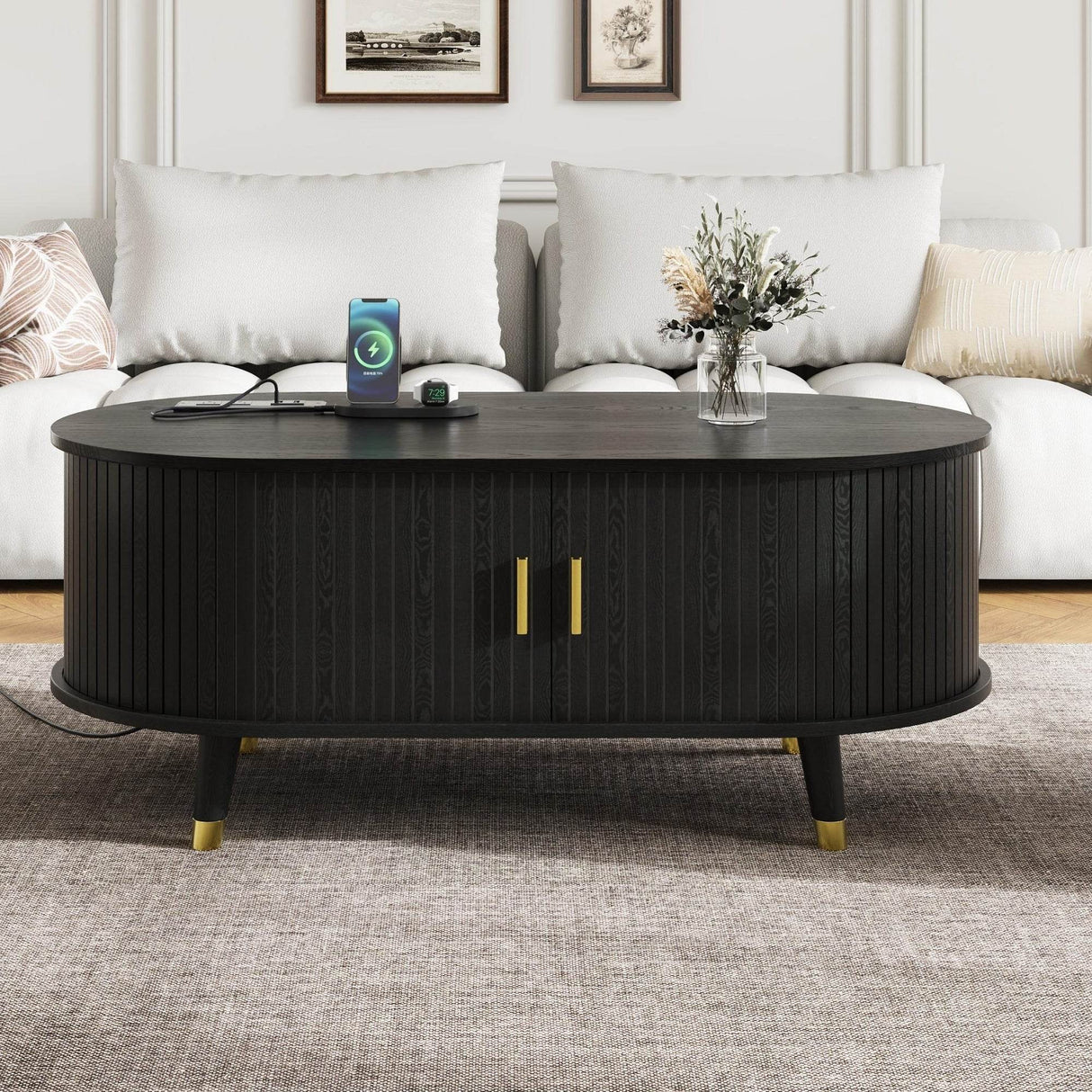 Mid-Century Modern Black Fluted Coffee Table With Charging Station - Sleep Galleria