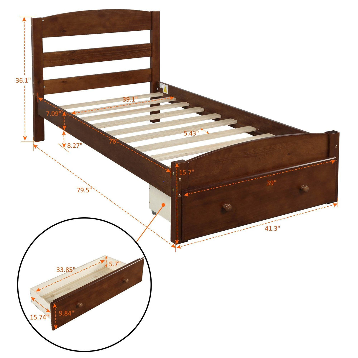 Twin Walnut Solid Wood Platform Bed Frame With Storage Drawer - Omega Lifestyles