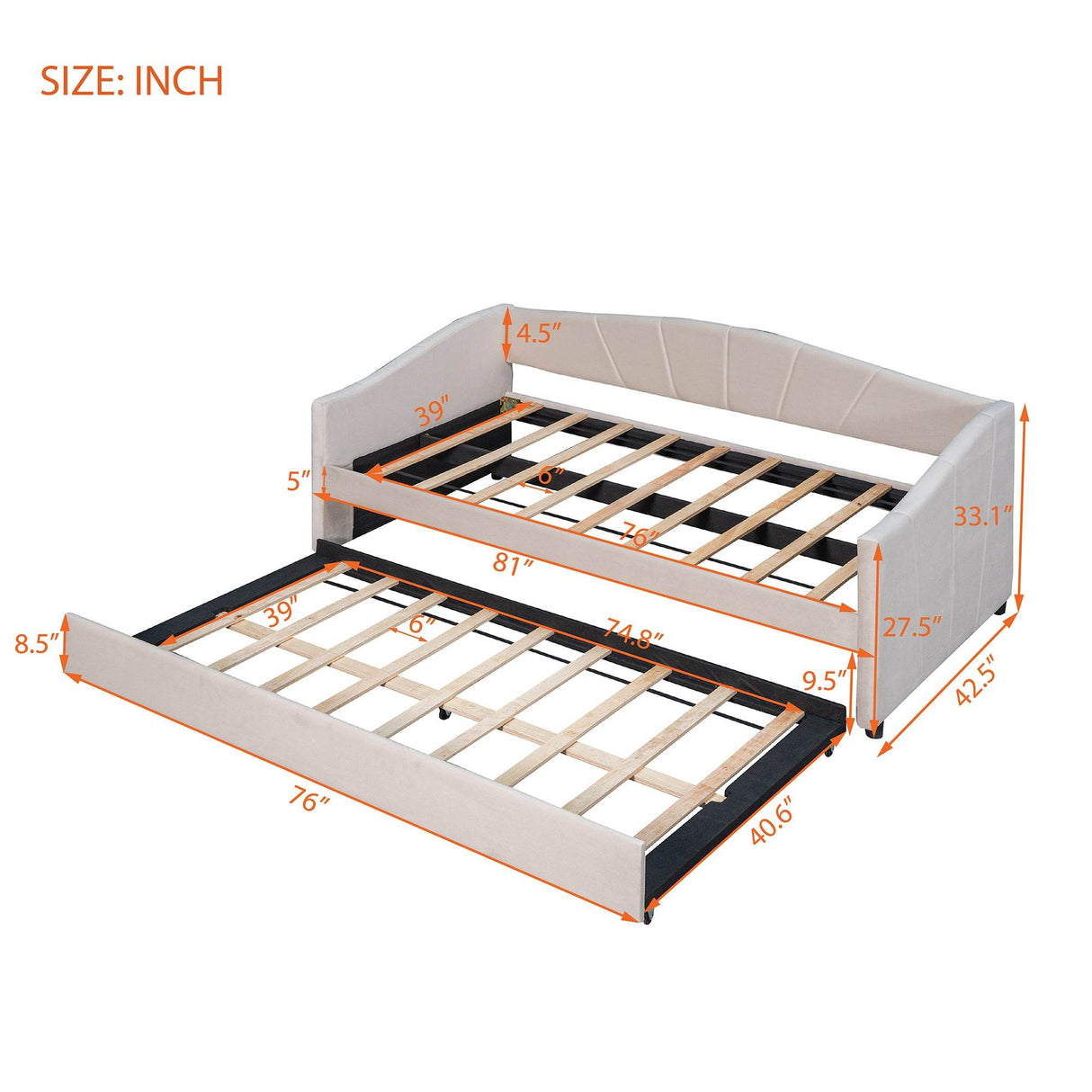 Upholstered Twin Daybed With Trundle And Wood Slats - Omega Lifestyles