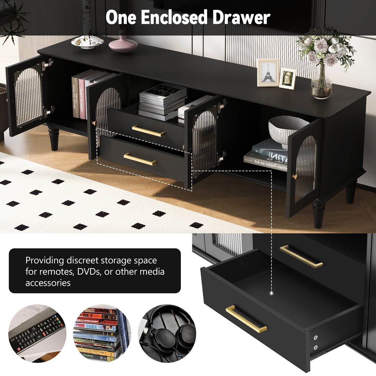 Retro Black MDF TV Stand With Drawers And Cabinets - Sleep Galleria