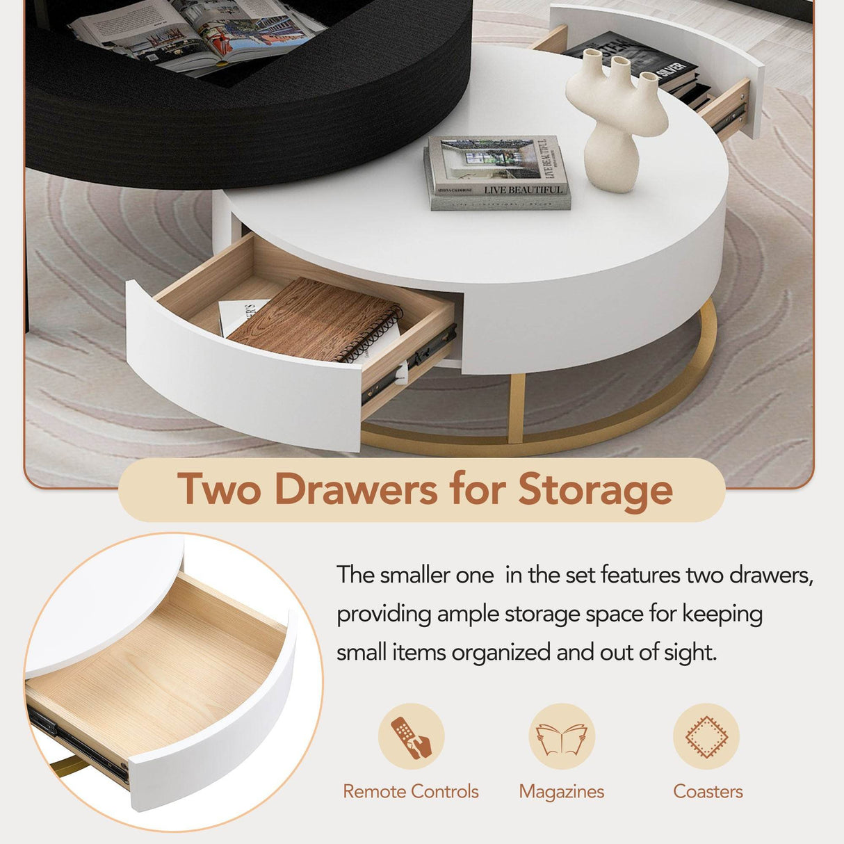 Modern Round Lift-Top Nesting Coffee Tables With Drawers - Sleep Galleria