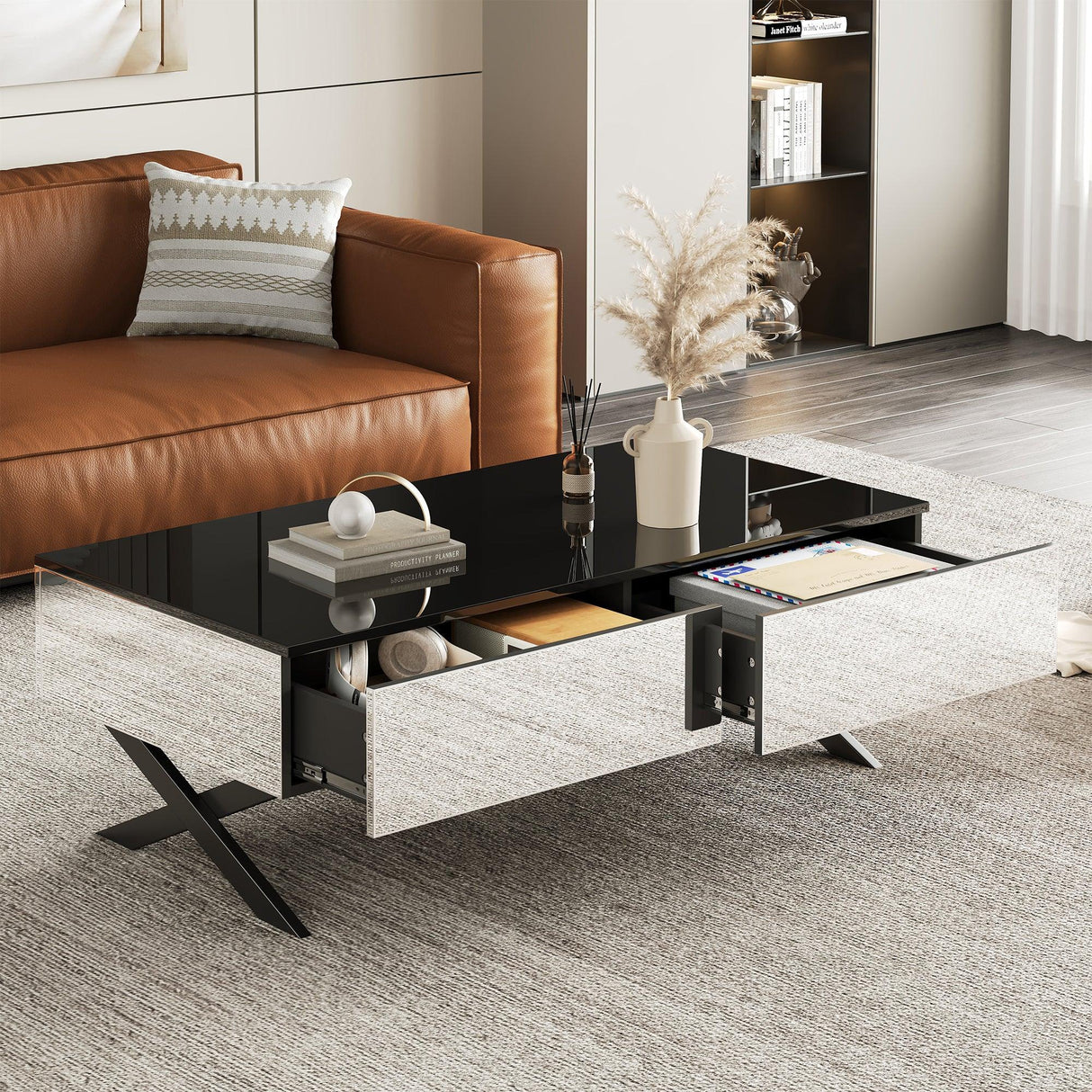 Rectangular Mirrored Coffee Table With Metal Base Storage - Omega Lifestyles