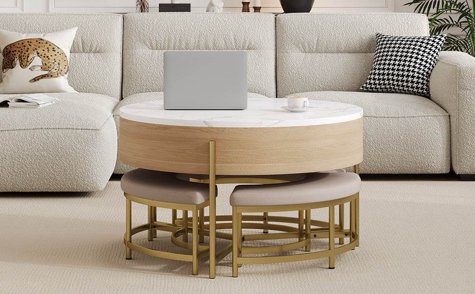Modern Round Lift-Top Coffee Table With Storage And Ottomans - Sleep Galleria