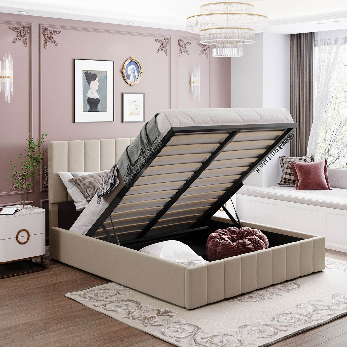 Queen Upholstered Platform Bed With Hydraulic Storage System - Omega Lifestyles