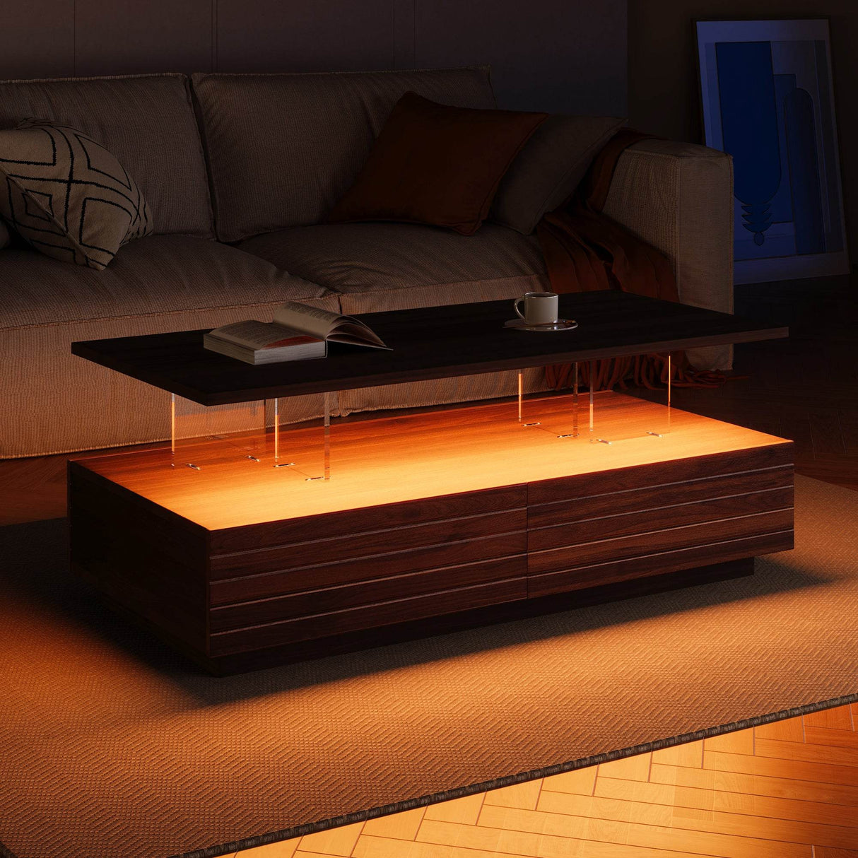 Modern Walnut Rectangle Coffee Table With LED Lights - Sleep Galleria