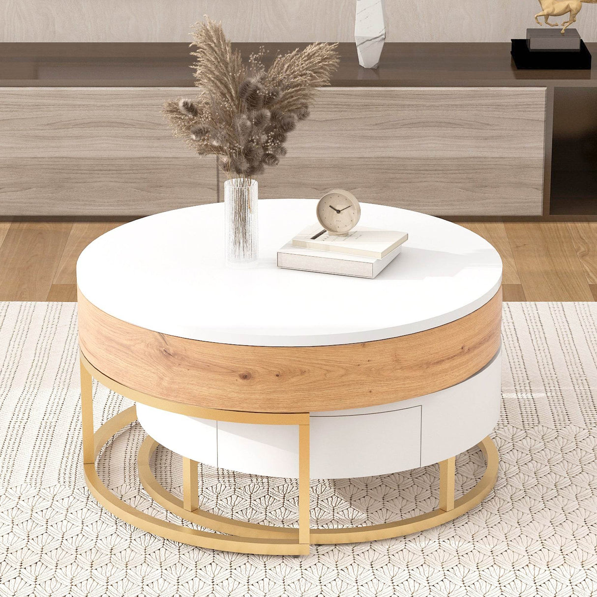 Modern Round Lift-Top Nesting Coffee Tables With Drawers - Sleep Galleria