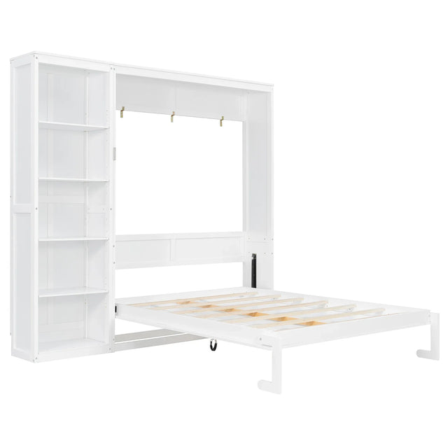 Queen Murphy Bed Wall Bed With Shelves White Solid Wood - Omega Lifestyles