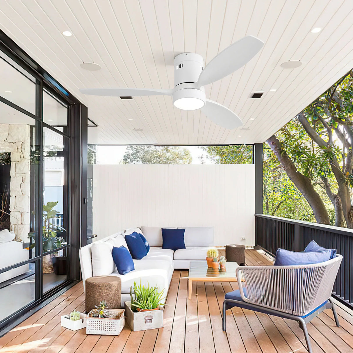 52-Inch Modern Wooden Flush Mount Ceiling Fan With Light - Omega Lifestyles