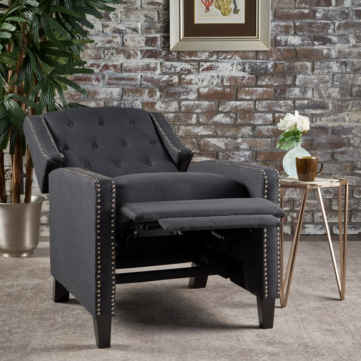 Dark Gray Fabric Push Back Recliner Chair With Birch Legs - Omega Lifestyles