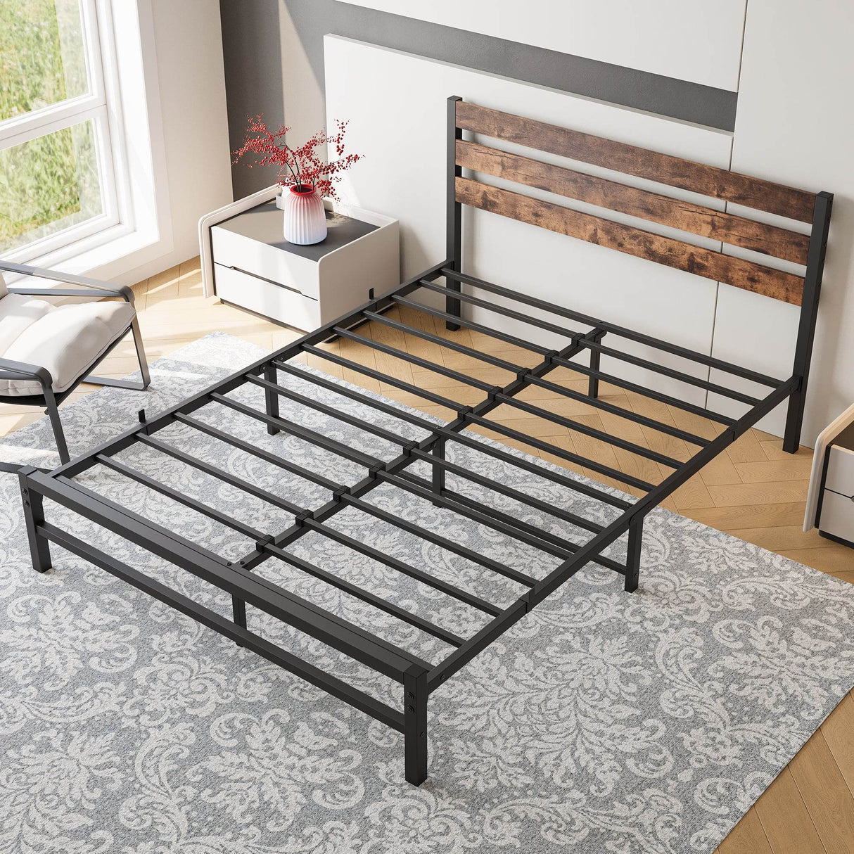Queen Platform Bed Frame With Rustic Wood Headboard - Omega Lifestyles