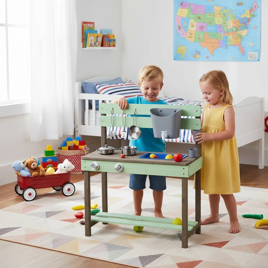 Solid Wood Kids Play Kitchen With Water Play Set - Omega Lifestyles