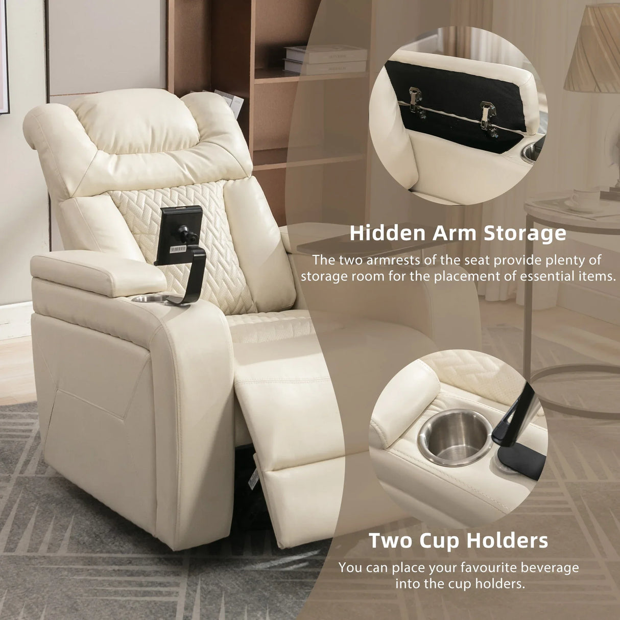 Power PU Leather Recliner Chair With Tray Table USB Port - Omega Lifestyles
