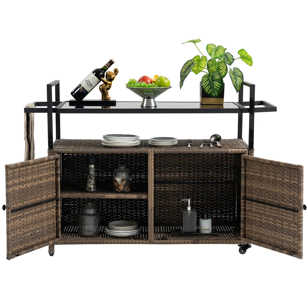 Outdoor Wicker Bar Cart With Glass Top And Wheels - Omega Lifestyles