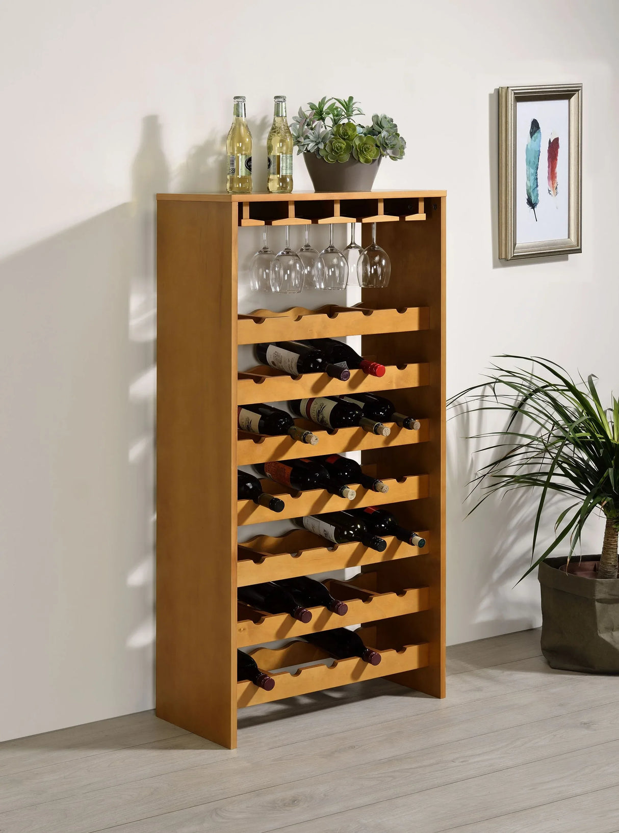 Oak Finish Particle Board Wine Rack With Stemware Holders - Omega Lifestyles