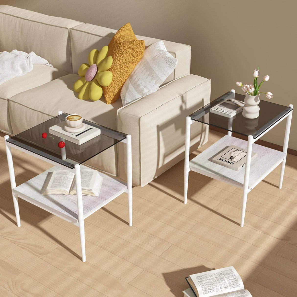 Set Of 3 Modern Tempered Glass Coffee End Tables - Sleep Galleria