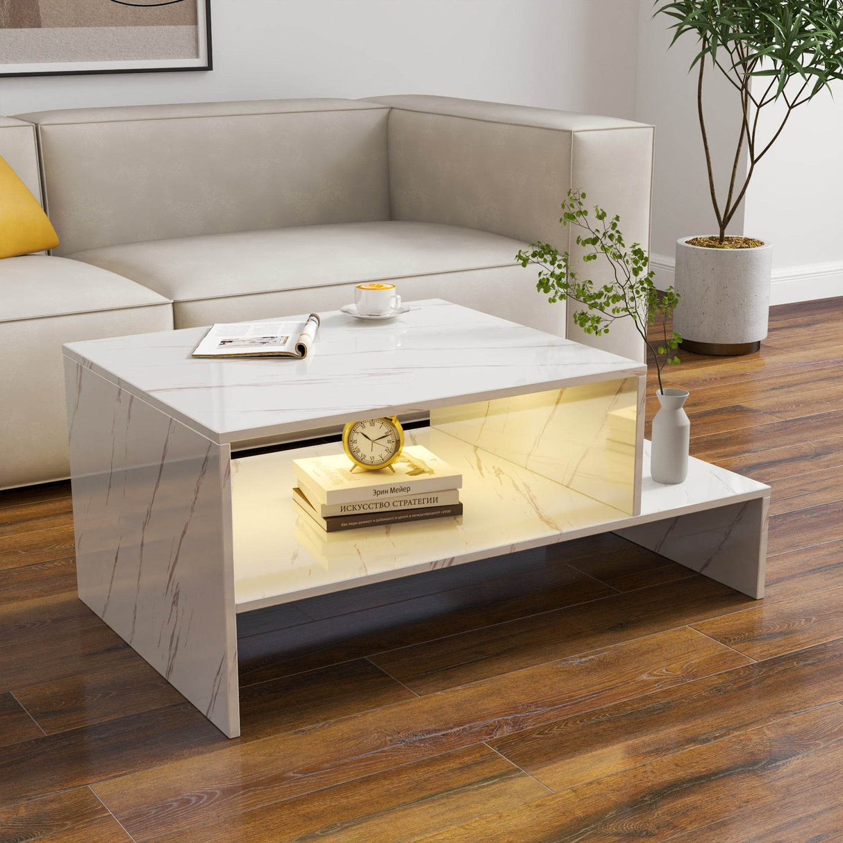White Architectural Shape Coffee Table With Storage - Sleep Galleria