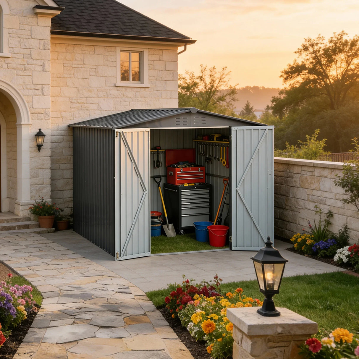 Heavy-Duty Galvanized Steel 6x8ft Outdoor Storage Shed - Omega Lifestyles