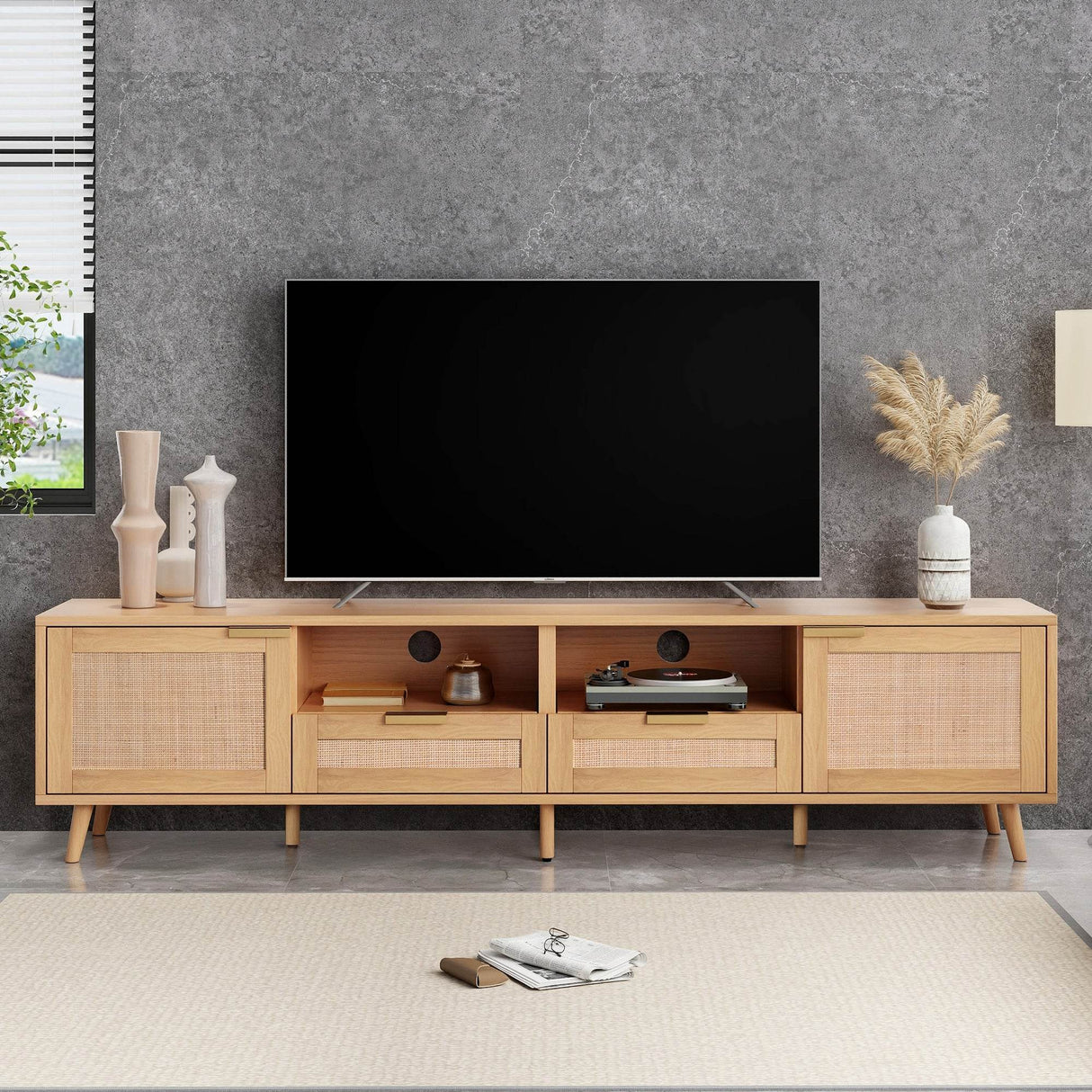 Modern Rattan TV Stand With Storage Cabinets - Sleep Galleria