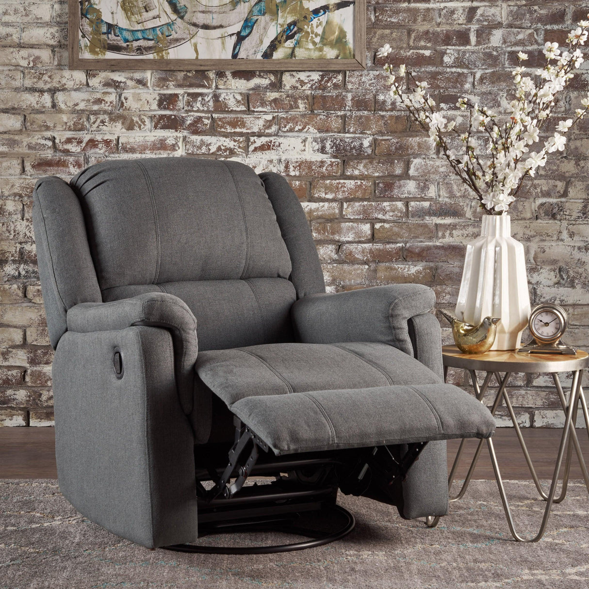 Charcoal Fabric Glider Recliner With Swivel And Manual Recline - Omega Lifestyles