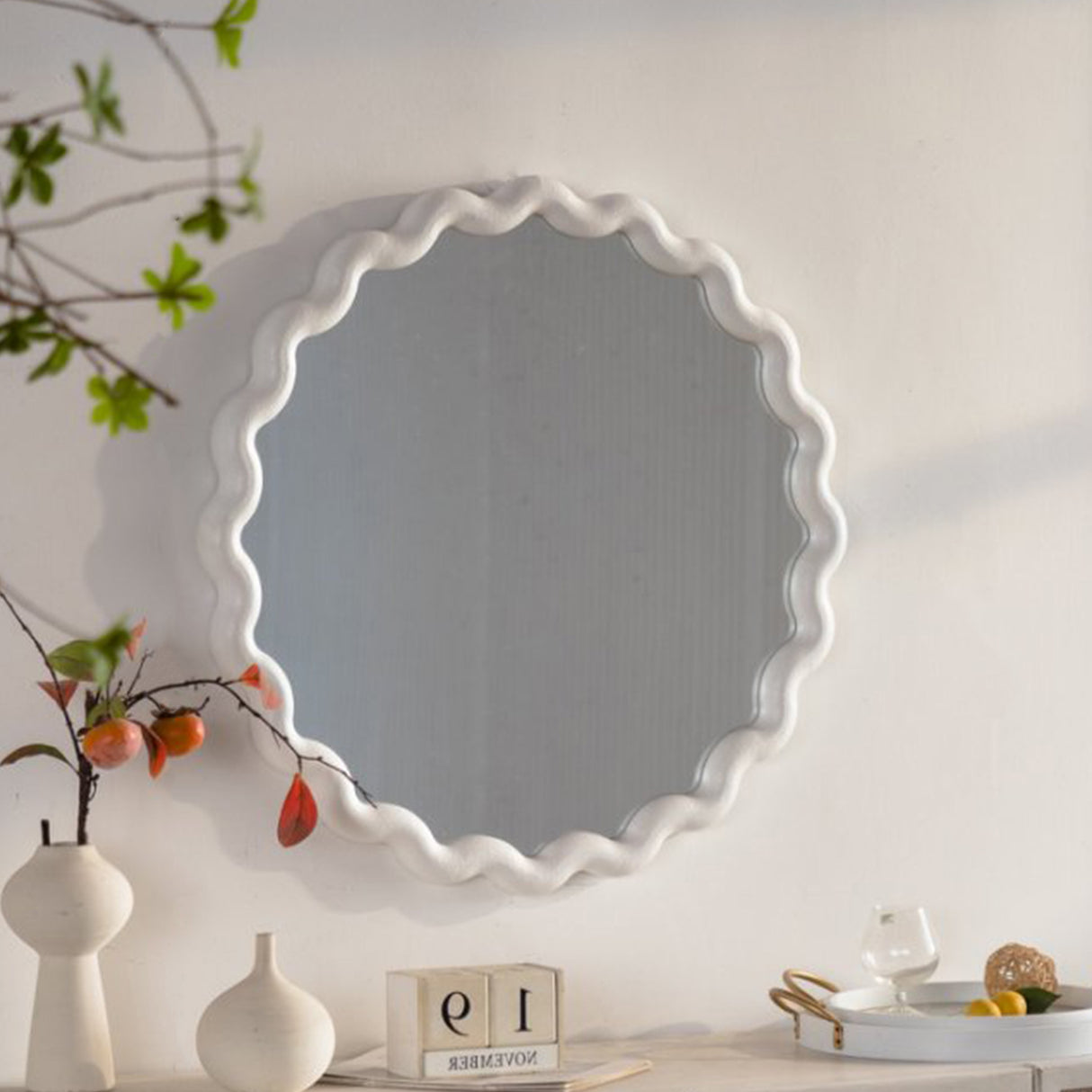 Modern White Scalloped Round Wall Mirror With Wavy Frame