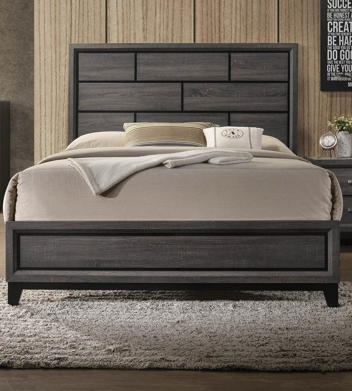 Queen Size Rustic Gray Panel Bed Frame Wood Furniture