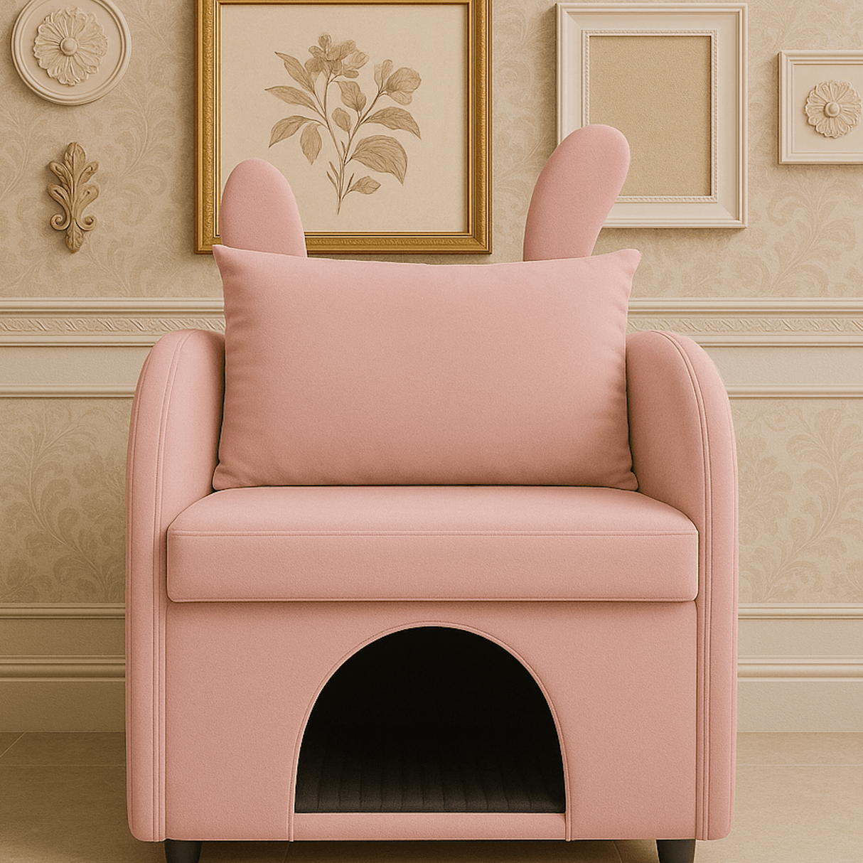 Velvet Pink Bunny Ear Pet-Friendly Armchair With Hideaway - Omega Lifestyles