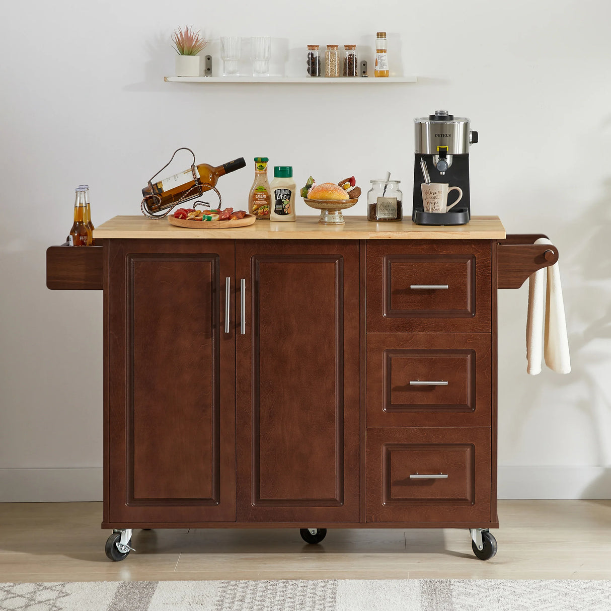 Rolling Kitchen Island Cart With Drop-Leaf Rubberwood Countertop - Omega Lifestyles