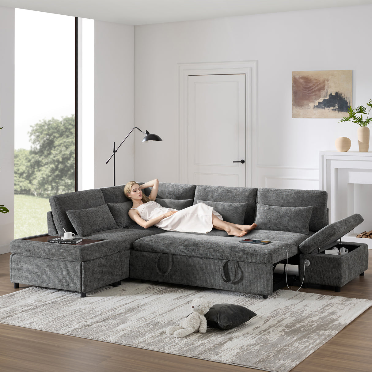 Chenille L-Shaped Sectional Sleeper Sofa Bed With Storage