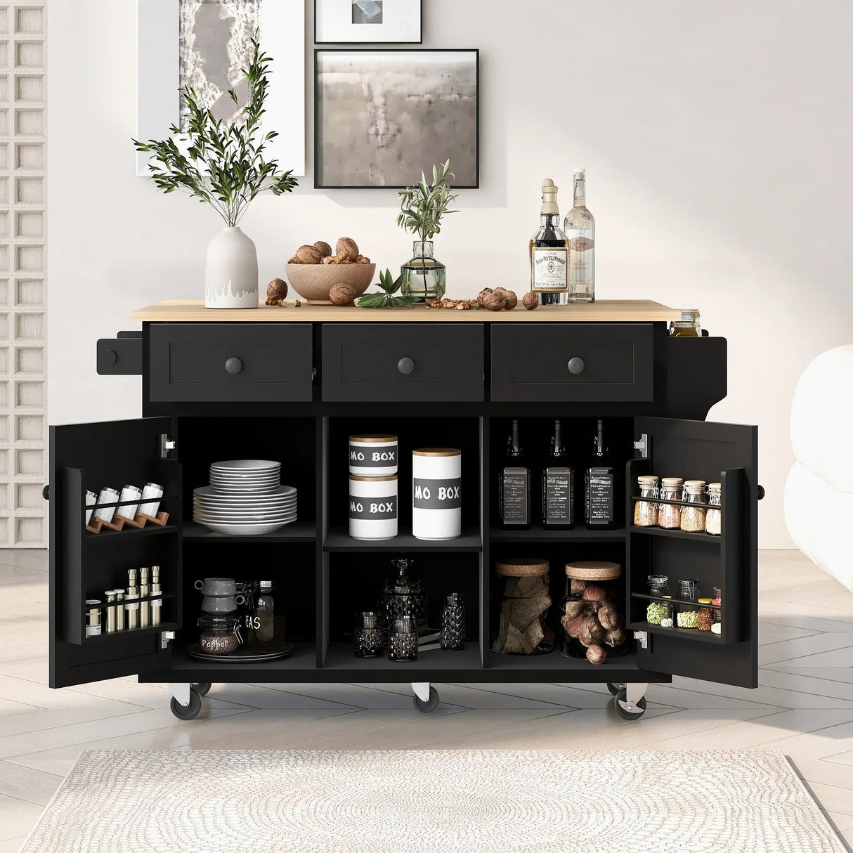 Kitchen Cart With Rubber Wood Drop-Leaf Countertop Storage - Omega Lifestyles