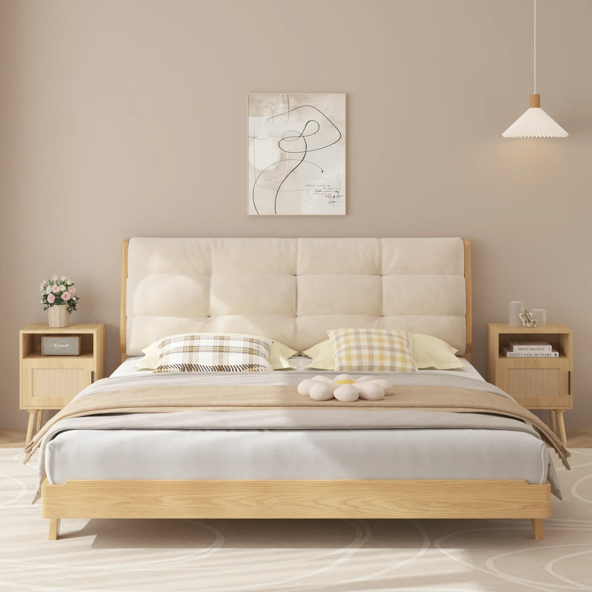 Oak Rattan Bedroom Nightstand With Solid Wood Legs - Omega Lifestyles