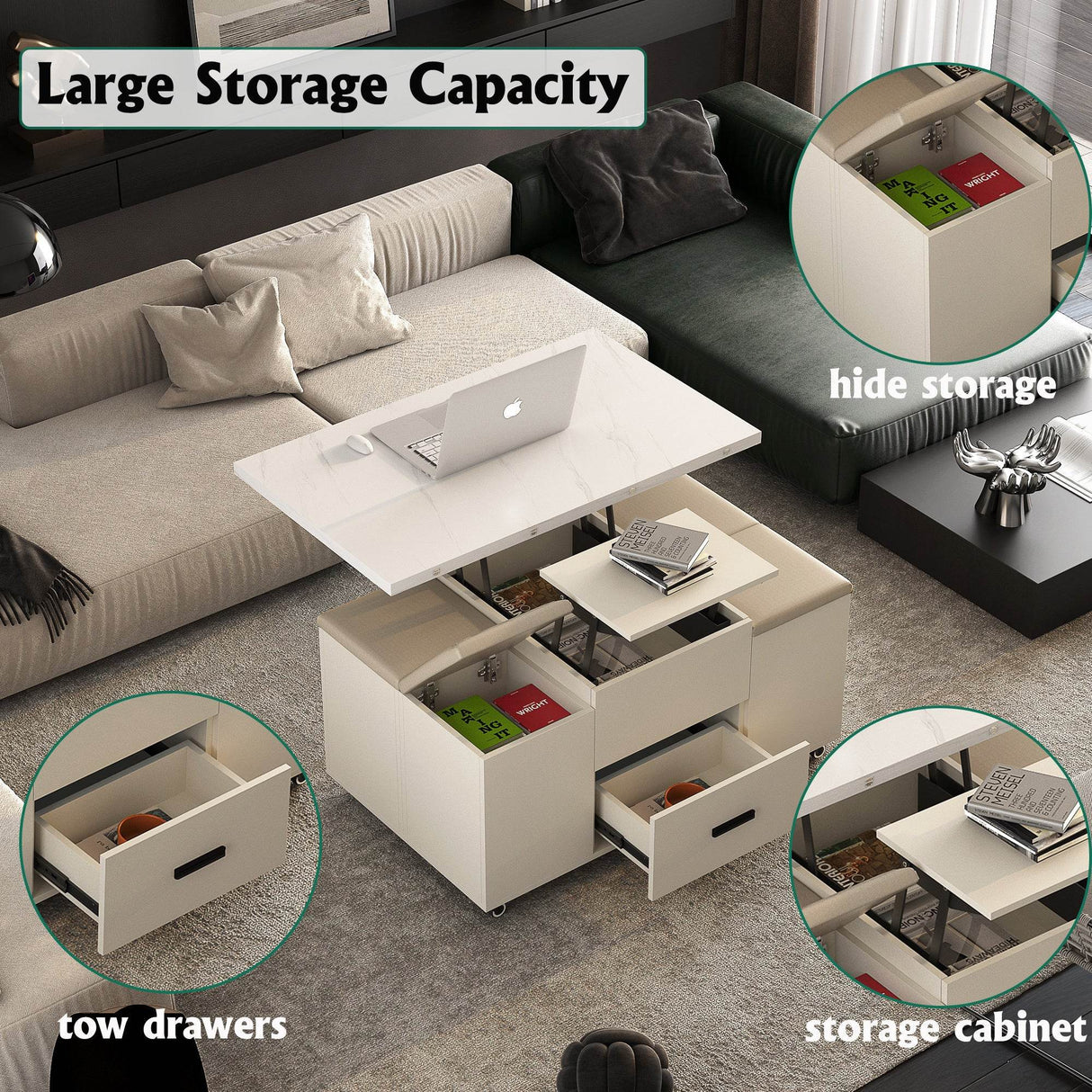 Modern Lift-Up Coffee Table With Storage And Four Stools - Sleep Galleria